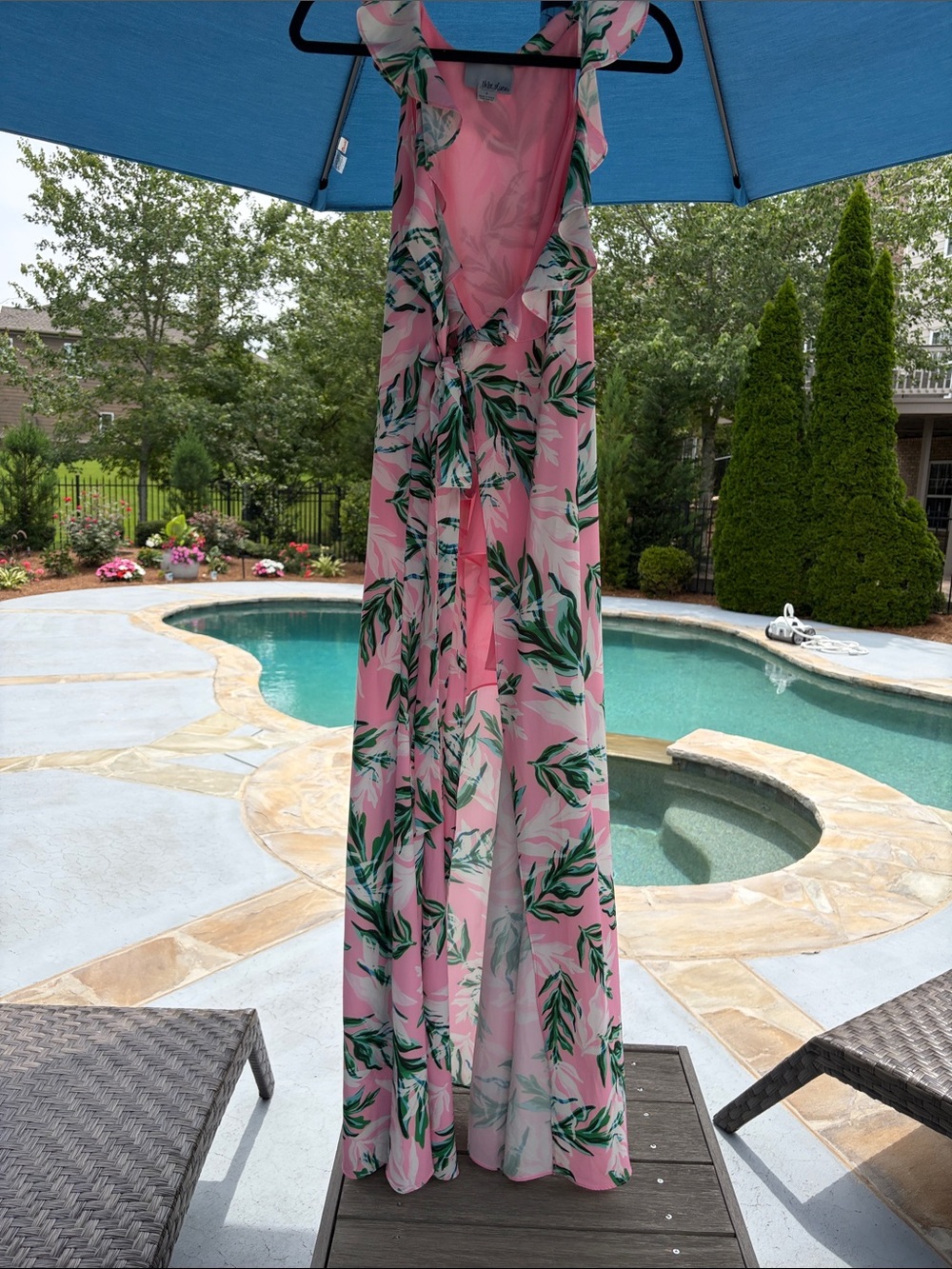 Floral Pink Maxi Dress with Green Leaf Print and Ruffle Straps